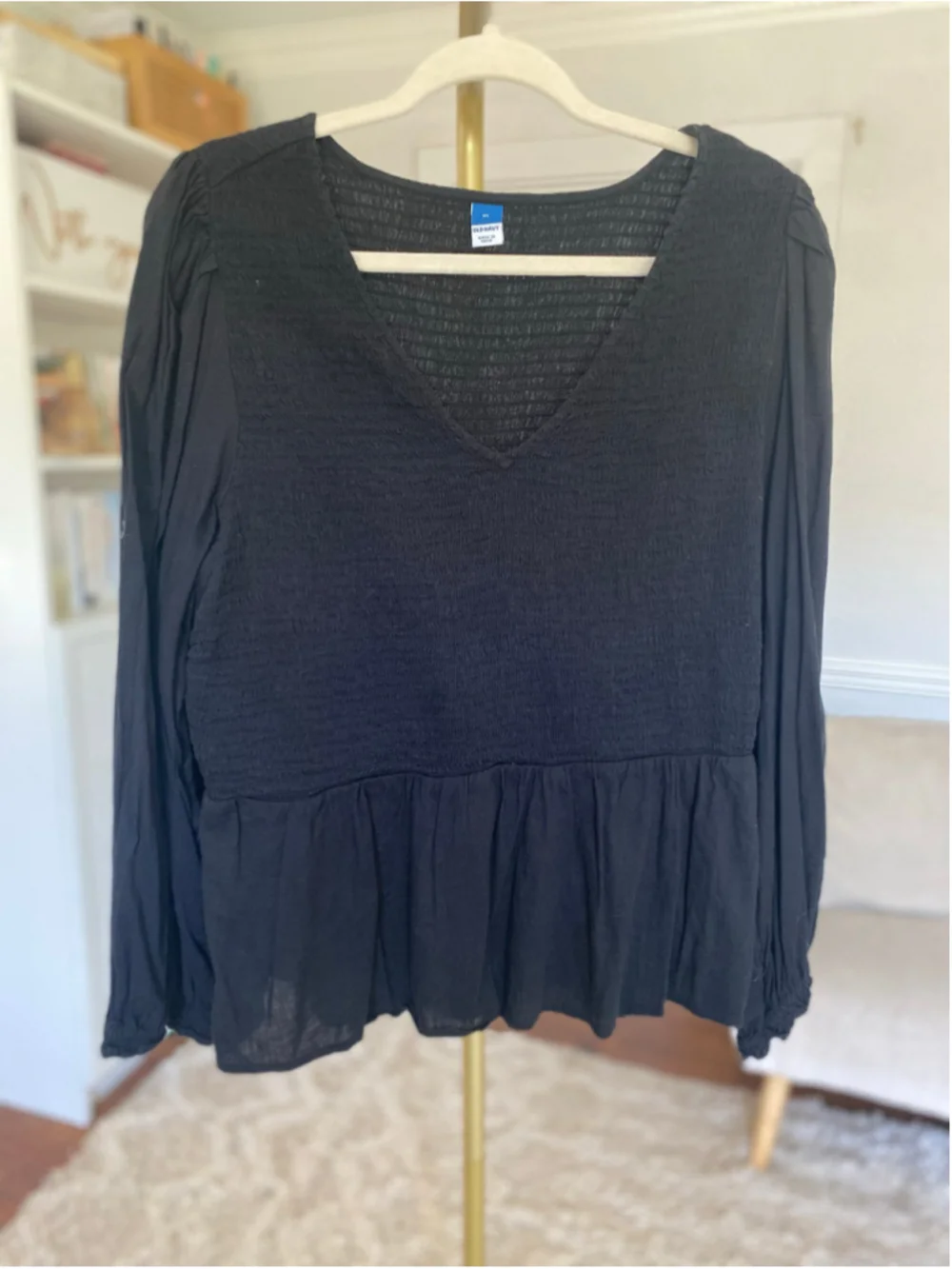 Old Navy Black Smocked Peplum Blouse Boho Parisian Scandi Coquette Feminine Chic